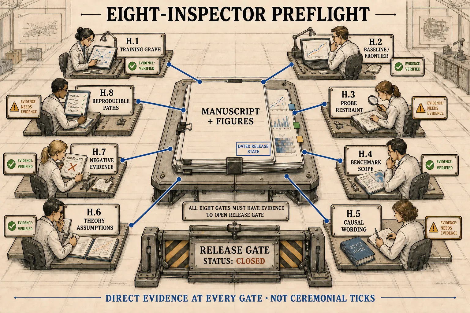 Eight inspectors surround one manuscript, each owning a separate gate for graph, versions, probes, scope, causality, theory, negative evidence, and reproducible paths.