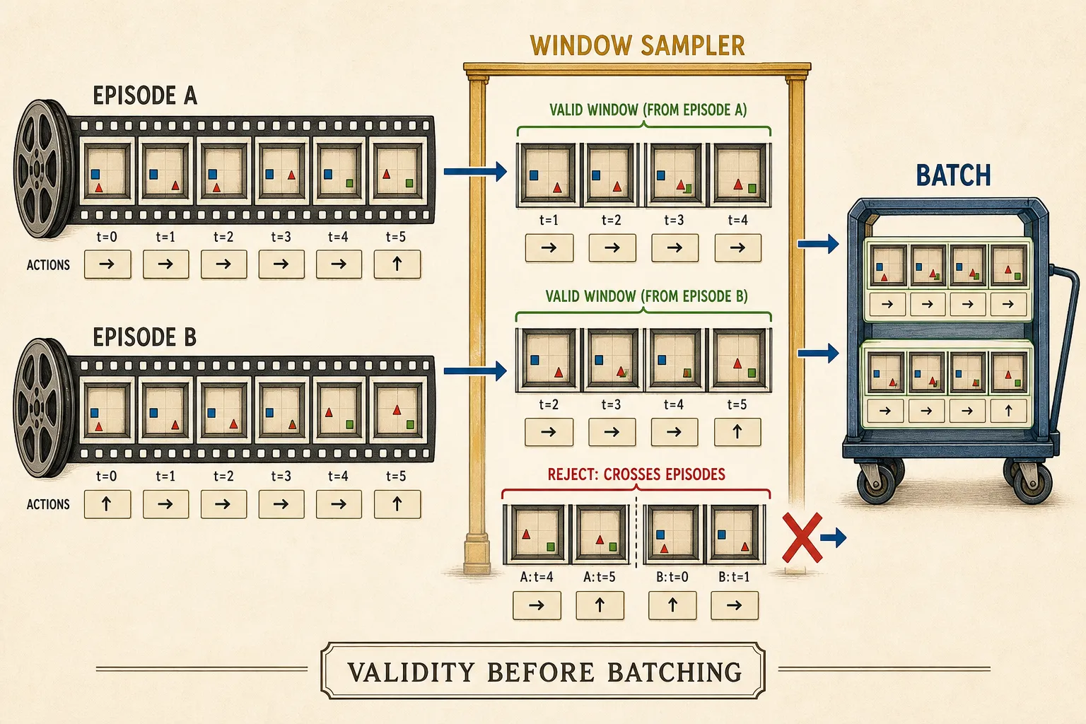 Episode-aware windows are formed before the loader batches them.