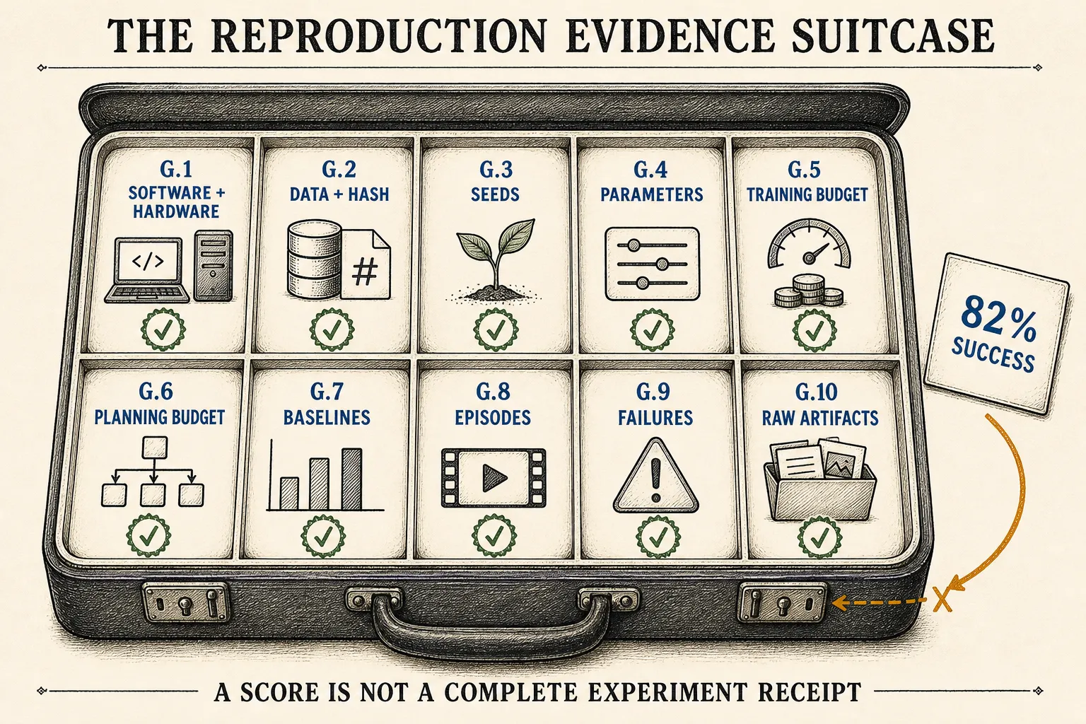 An evidence suitcase has ten compartments for software, data, seeds, parameters, training, planning, baselines, episodes, failures, and raw artifacts.