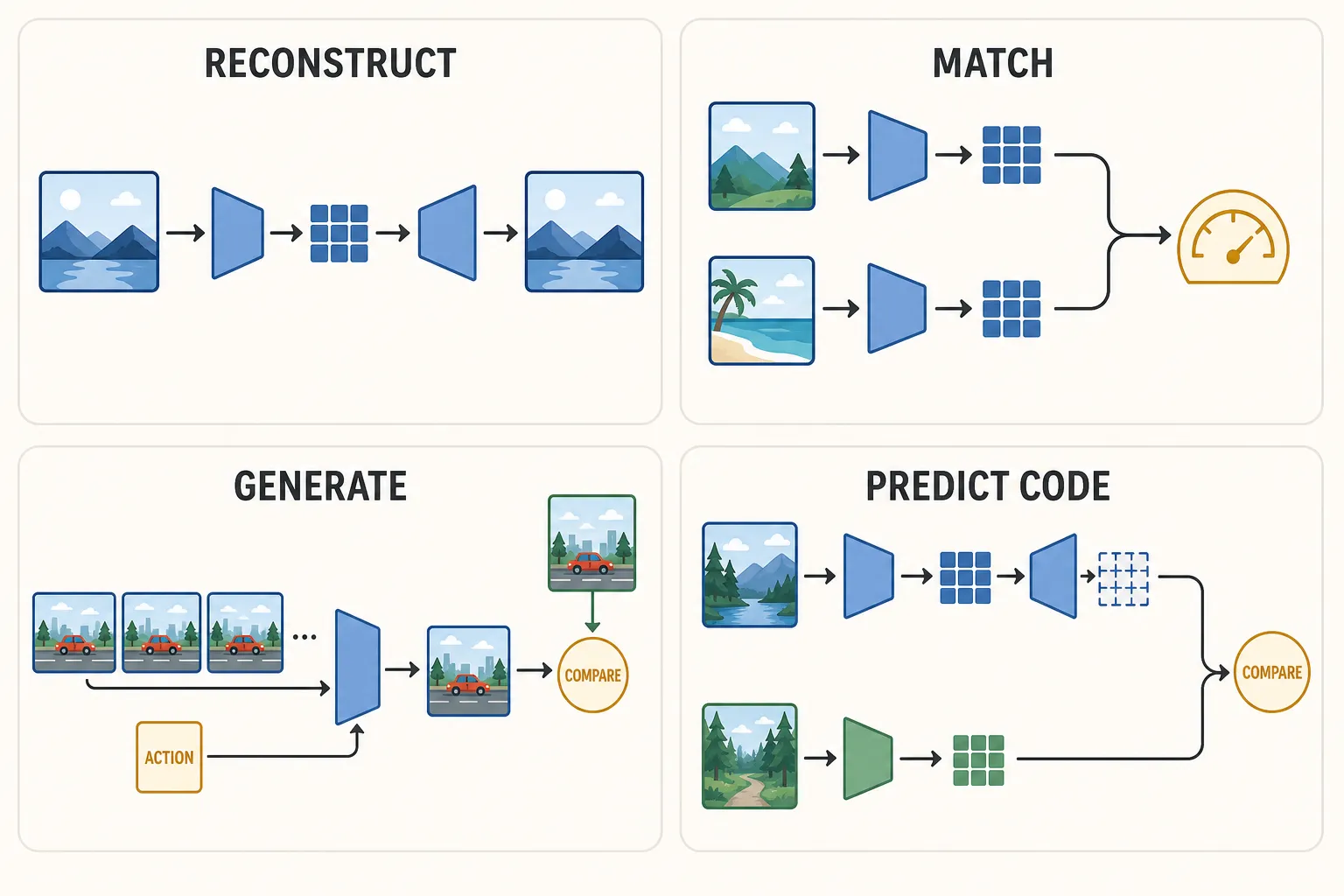 Four workshops reconstruct pixels, match pairs, generate frames, or predict target representations.