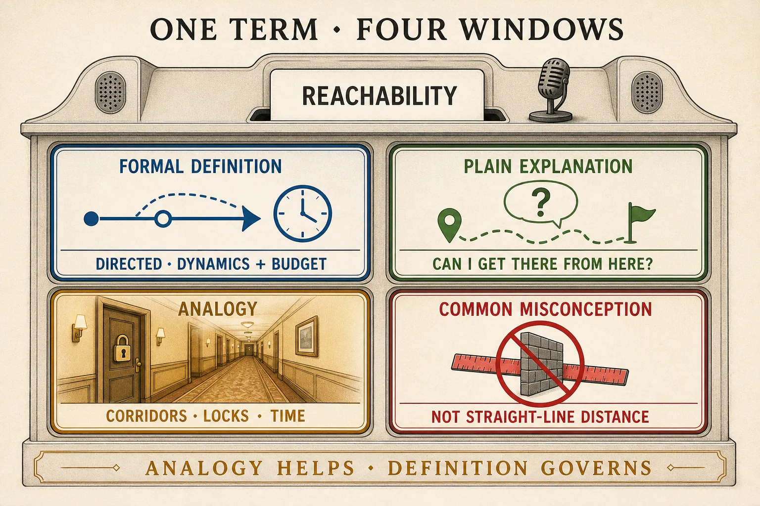 A translator booth keeps formal definition, plain explanation, analogy, and misconception in four separate windows.
