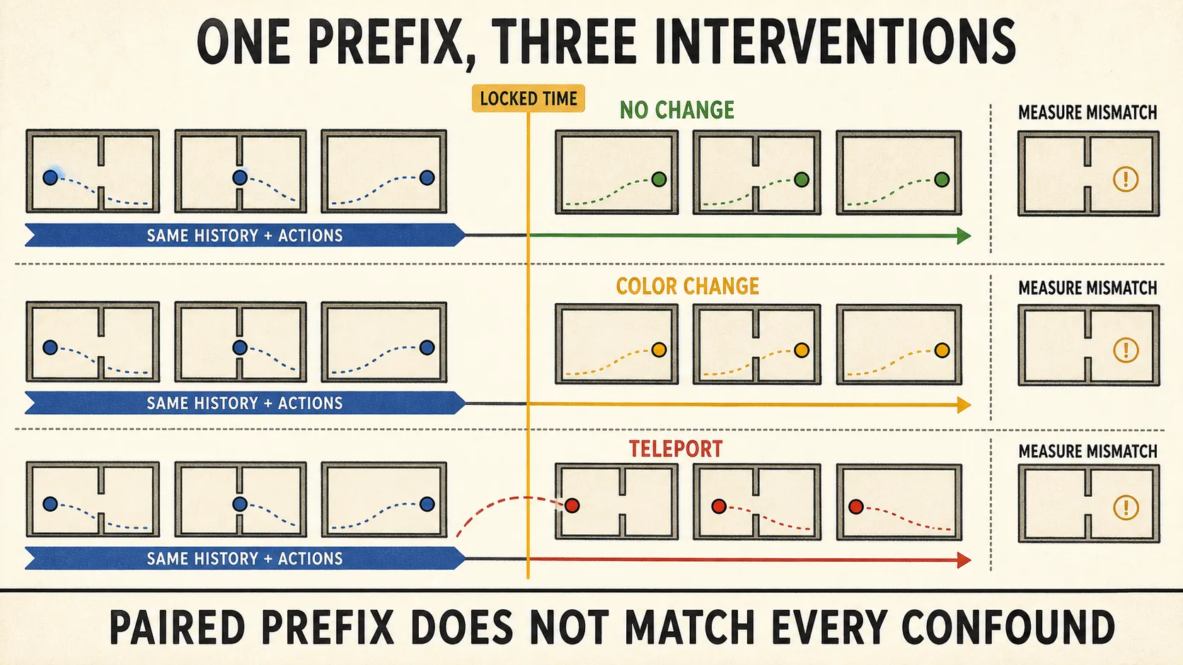 Matched trajectories share history and actions, then branch into no change, color change, and teleportation.