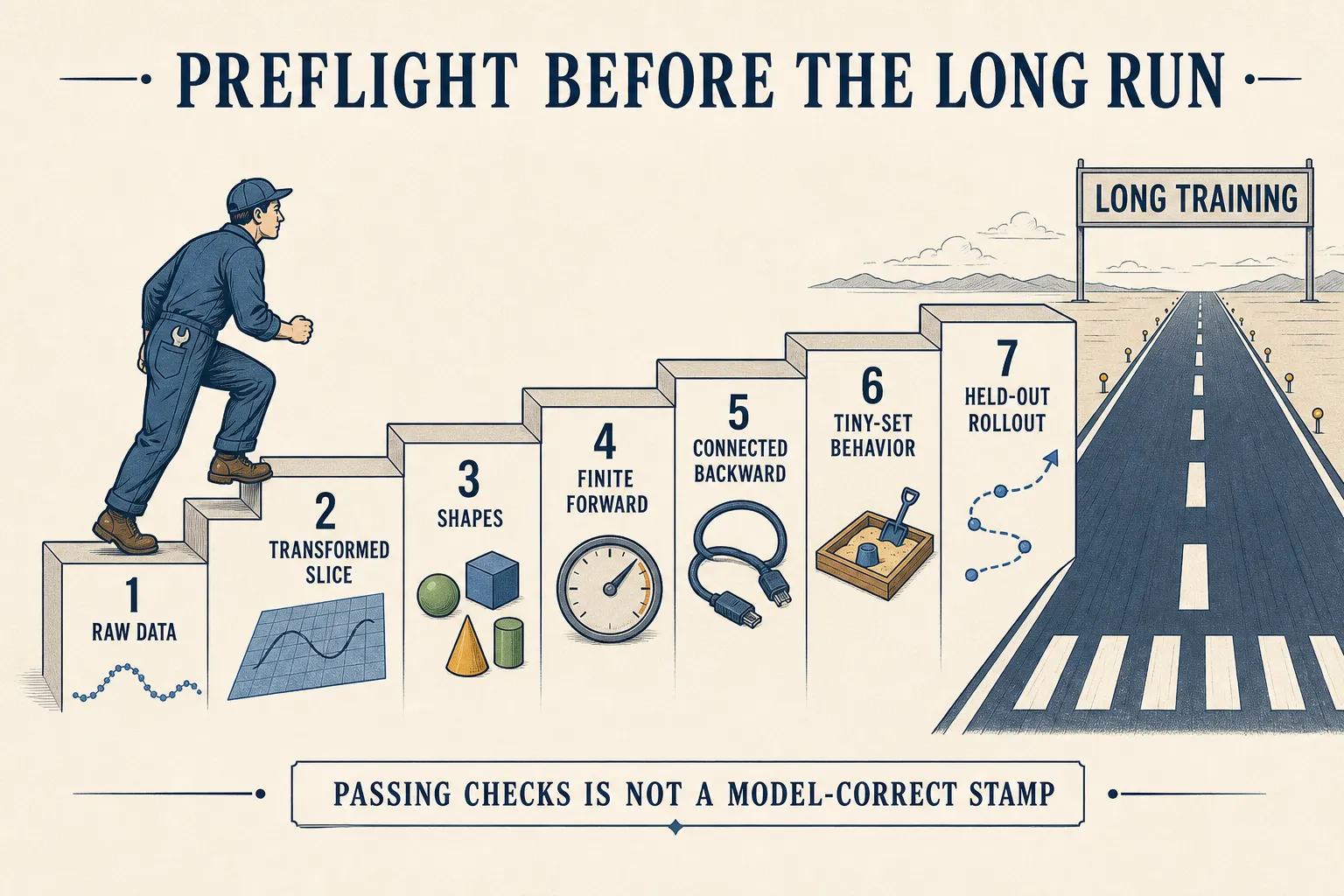 A cheap-to-expensive preflight ladder leads from raw data to held-out rollout.