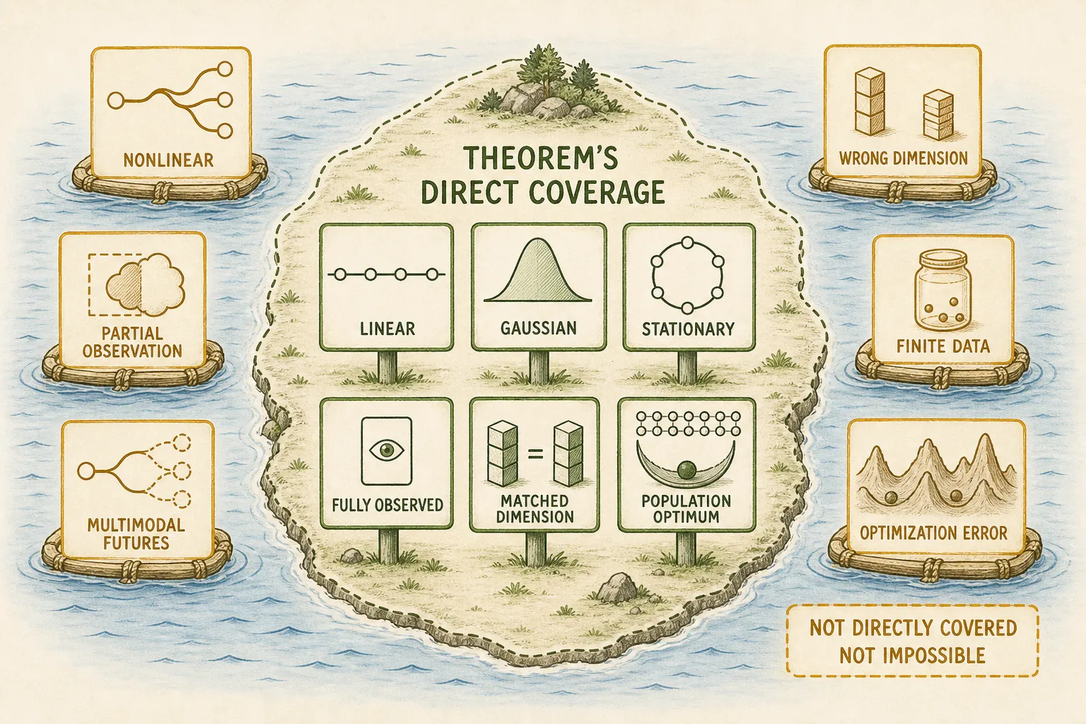 An island marks the linear, Gaussian, stationary, fully observed, exact-constraint, matched-dimension population setting; practical cases sit outside its shoreline.