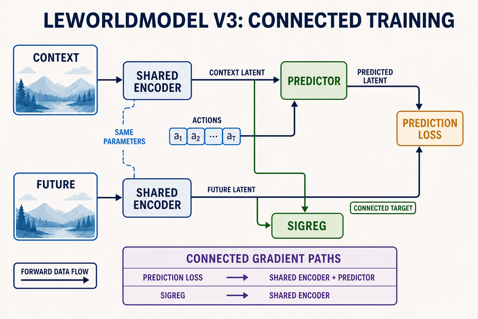 Context and future observations use one shared connected encoder in the v3 training graph.